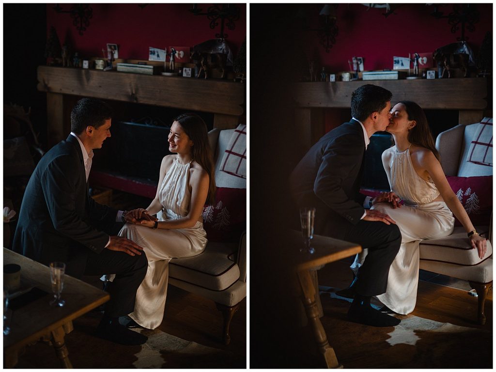 Bride and groom with daughter boarding carriage for Klosters museum wedding