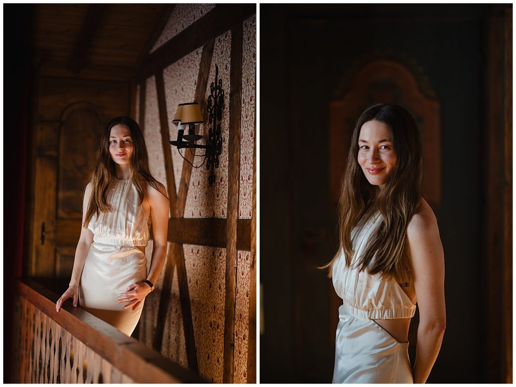 Bride getting ready inside Klosters chalet for Swiss Alps wedding