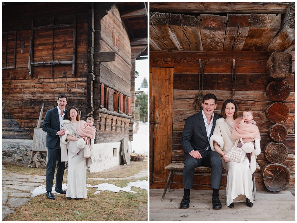 Bride and groom with their daughter in Klosters chalet before intimate Swiss Alps wedding ceremony