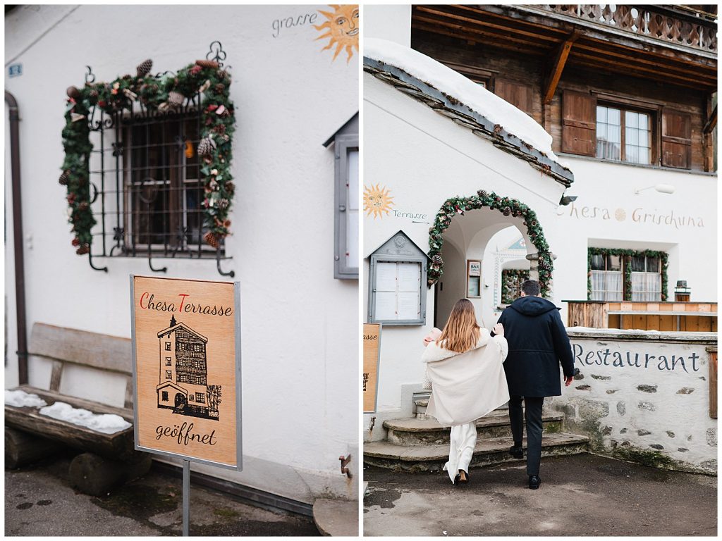 Bride and groom toasting during apero reception at Chesa Grischuna Klosters